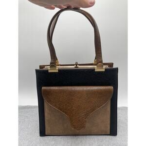 Berne Women Tan Brown Black Leather Inner & Outer Pockets Double Handle Tote Bag